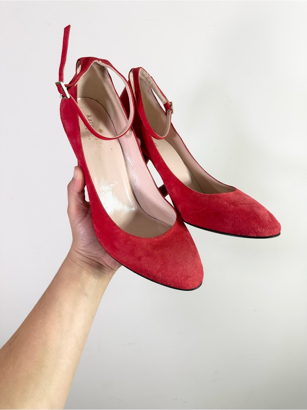 Kate Spade Red Suede Leather Ankle Strap Closed Almond Toe Heels